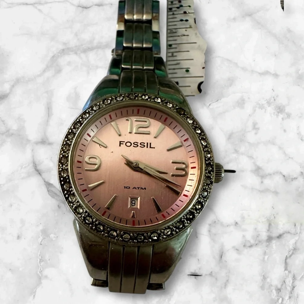 Fossil Pink Dial Crystal Bezel Stainless Steel Quartz Women’s Watch